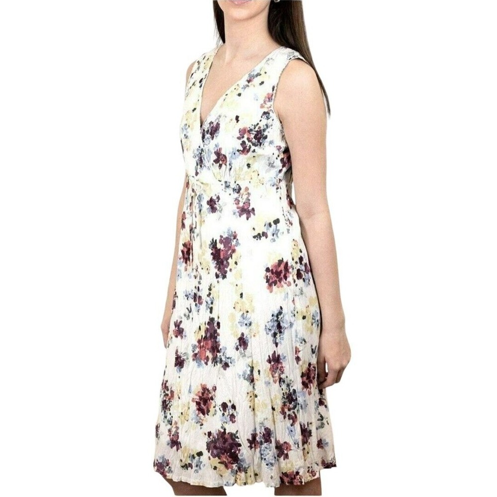 Eddie Bauer Women's Sz 8 Boho Peasant Cream Floral Midi Crinkle‎ Dress Drape